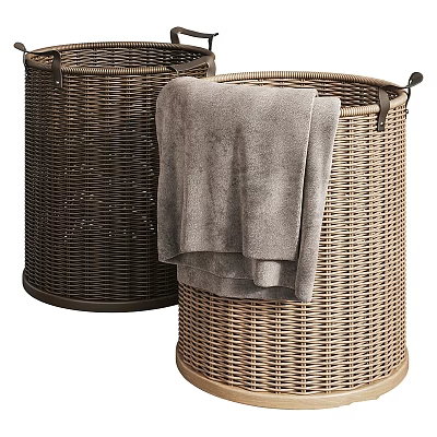 Natural Wicker Laundry Baskets With Gray Towels For Home Laundry Organization Supplies 3d model