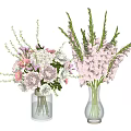 Transparent Glass Vase With Pink Peonies Purple Small Flowers And Green Leaves