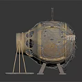 Metallic Spherical Weapon Featuring Metal Frame Cables Support Stand And Small Pointed Top