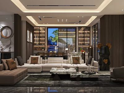 Elegant Modern Living Dining Room Interior With Sofa Dining Table Bookshelves And Large Windows 3d model