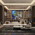 Elegant Modern Living Dining Room Interior With Sofa Dining Table Bookshelves And Large Windows