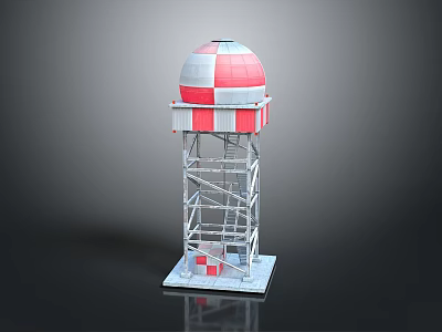 Red and White Tower Structure With Metal Frame Dome And Square Base 3d model