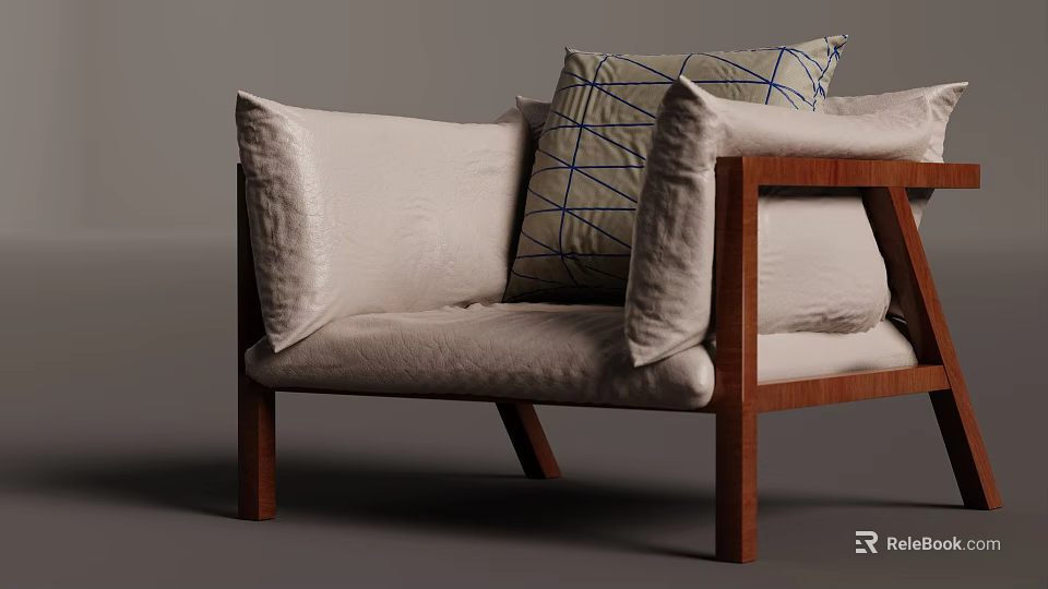 Modern Single Sofa With Wooden Frame Neutral Fabric Upholstery And Geometric Pattern Pillow 3d model 