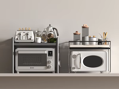 Modern Kitchen Storage Shelves With Toaster Coffee Maker Kettle Oven And Microwave Appliances 3d model
