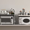 Modern Kitchen Storage Shelves With Toaster Coffee Maker Kettle Oven And Microwave Appliances