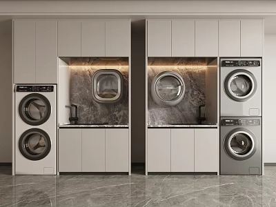 Modern White Bathroom Cabinet with Built-in Stackable Washer Dryer and Marble Countertop 3d model