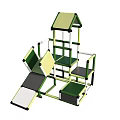 Children's Play Area With Slide Tower And Metal Frame Structure