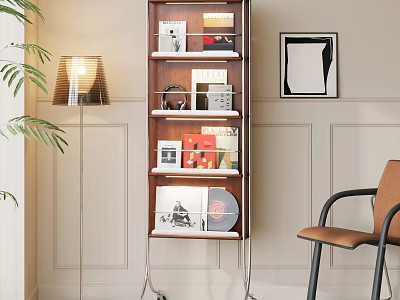 Modern Multi Tiered Bookshelf With Books Records Framed Art Floor Lamp Palm Leaves And Chair 3d model