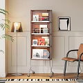 Modern Multi Tiered Bookshelf With Books Records Framed Art Floor Lamp Palm Leaves And Chair