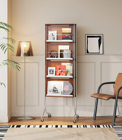 Modern Multi Tiered Bookshelf With Books Records Framed Art Floor Lamp Palm Leaves And Chair 3d model