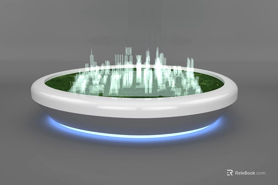 Commercial Equipment With Circular Design Transparent Cityscape Green Base And Blue Lighting 3d model 