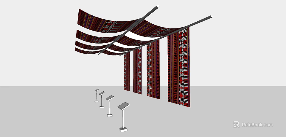 Decorative Hanging Fabric Structure With Red Black Patterns And Display Stands 3d model