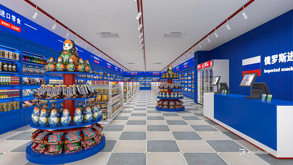 Supermarket Grocery Store Interior With Blue Shelves Matryoshka Dolls And Checkout Counters 3d model 