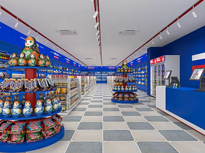 Supermarket Grocery Store Interior With Blue Shelves Matryoshka Dolls And Checkout Counters 3d model