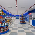 Supermarket Grocery Store Interior With Blue Shelves Matryoshka Dolls And Checkout Counters