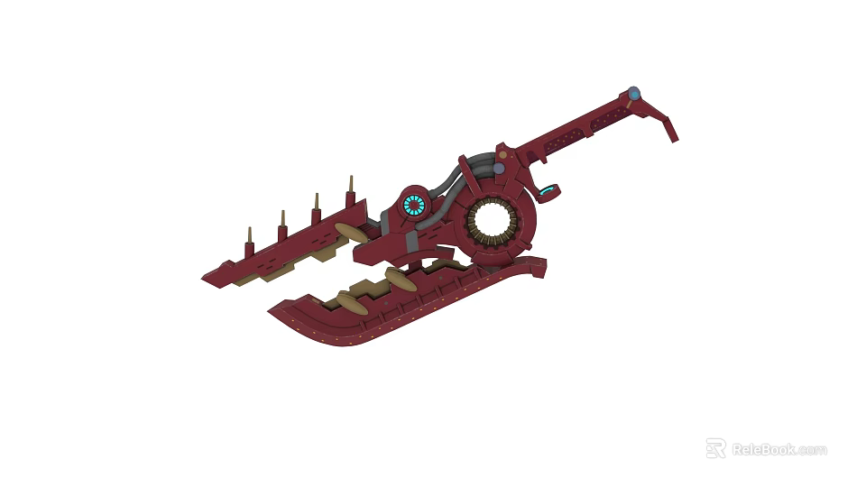 Red Mechanical Weapon Featuring Intricate Gear Spikes And Long Handle Design 3d model 