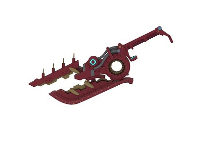 Red Mechanical Weapon Featuring Intricate Gear Spikes And Long Handle Design 3d model