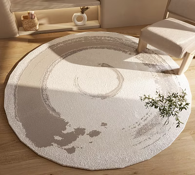 Soft Textured Round Rug In Beige Gray Tone With Accent Chair Potted Plant Wooden Floor 3d model
