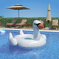 Scenic Backyard Pool Area With Green Hedge Umbrellas Loungers Palm Trees And Swan Decoration