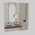 Modern Bathroom Vanity With Beige Cabinets Double Sinks Oval Mirror And Terrazzo Wall