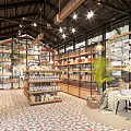 Grocery Store Interior With Wooden Shelves Displayed Goods Tables Chairs Hanging Lamps And Green Plants
