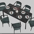 Rectangular Dining Table Set with Six Dark Green Upholstered Chairs Marble Top Tableware and Vase 3d model