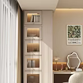 Modern Display Cabinet With Glass Doors Layered Shelves Built-in Lighting Near Window Curtains And Decor Items