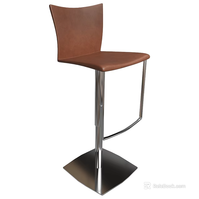 Modern Brown Leather Bar Stool With Chrome Metal Frame And Stable Base 3d model 