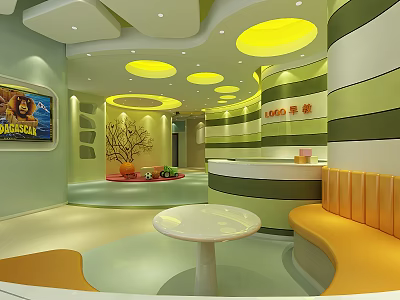 Vibrant School Activity Room With Colorful Ceiling Yellow Circular Lights And Green White Striped Walls 3d model