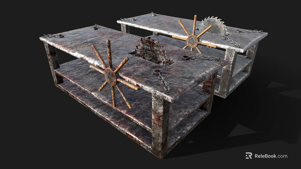 Weapon Crafting Metal Workbenches With Saw Wheels And Rustic Chains 3d model 