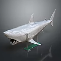 Detailed Silver Shark Model With Open Mouth On Green Base Stand 3d model