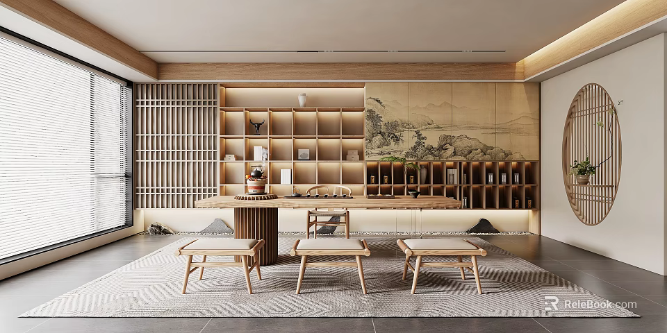 Traditional Wooden Tea Room With Landscape Painting Storage Cabinet Tea Sets Long Table And Stools 3d model 