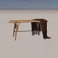 Stylish Wooden Lounge Chair with Woven Seat and Plaid Fringe Blanket