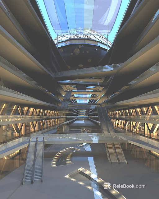Modern Commercial Street Interior With Multi level Design Glass Dome And Illuminated Corridors 3d model 
