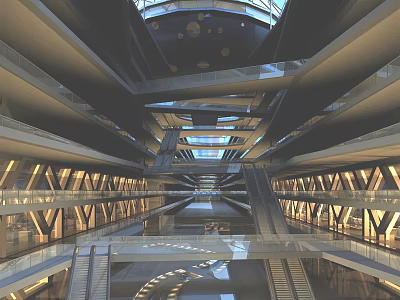 Modern Commercial Street Interior With Multi level Design Glass Dome And Illuminated Corridors 3d model