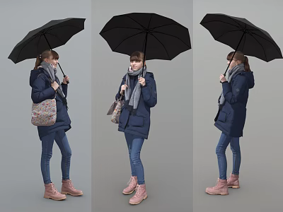 Woman Holding Black Umbrella Wearing Dark Blue Coat Scarf Blue Jeans And Pink Shoes 3d model