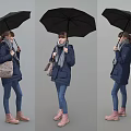 Woman Holding Black Umbrella Wearing Dark Blue Coat Scarf Blue Jeans And Pink Shoes