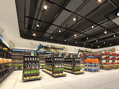 Supermarket Houseware Department With Well Stocked Shelves And Bright Ceiling Lights 3d model