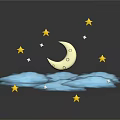 Scenic Night Sky Featuring Crescent Moon on Blue Cloud Yellow Stars Dark Background and Reflection