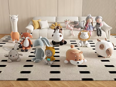 Plush Animal Toys In Cozy Living Room Setup 3d model