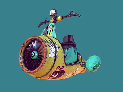 Vibrant Yellow Green Graffiti Flying Vehicle With Large Propeller And Rider Figure 3d model