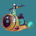 Vibrant Yellow Green Graffiti Flying Vehicle With Large Propeller And Rider Figure