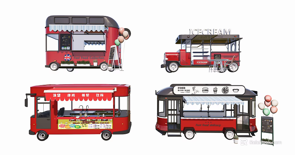 Red Food Trucks With Ice Cream Service Windows Awnings And Tables 3d model 