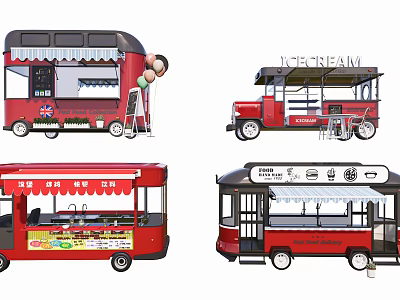Red Food Trucks With Ice Cream Service Windows Awnings And Tables 3d model
