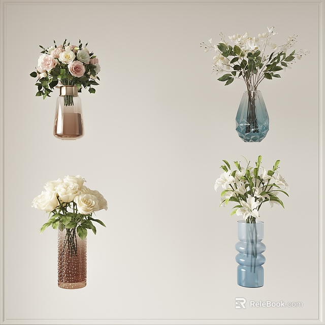 Colorful Glass Vases Holding Fresh Roses And White Flowers For Home Decor 3d model 