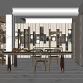 Modern Tea Room Interior With Long Wooden Table Decorative Shelves Lattice Screen And Marble Walls