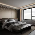 Modern Bedroom Interior Design With Dotted Accent Wall Upholstered Bed And Wooden Bench