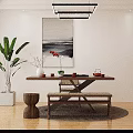 Natural Wooden Tea Table with Tea Set Vase Bench and Stool on Round Rug