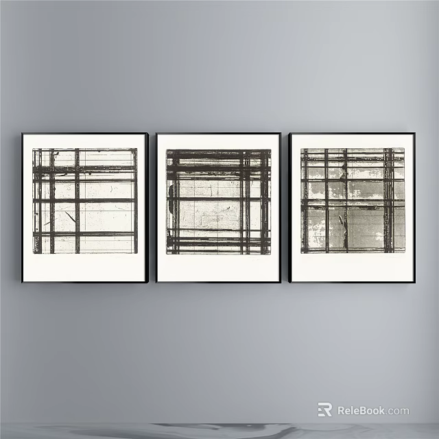 Three Modern Abstract Wall Artworks With Black Frames And Geometric Lines 3d model 