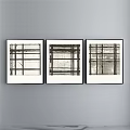 Three Modern Abstract Wall Artworks With Black Frames And Geometric Lines